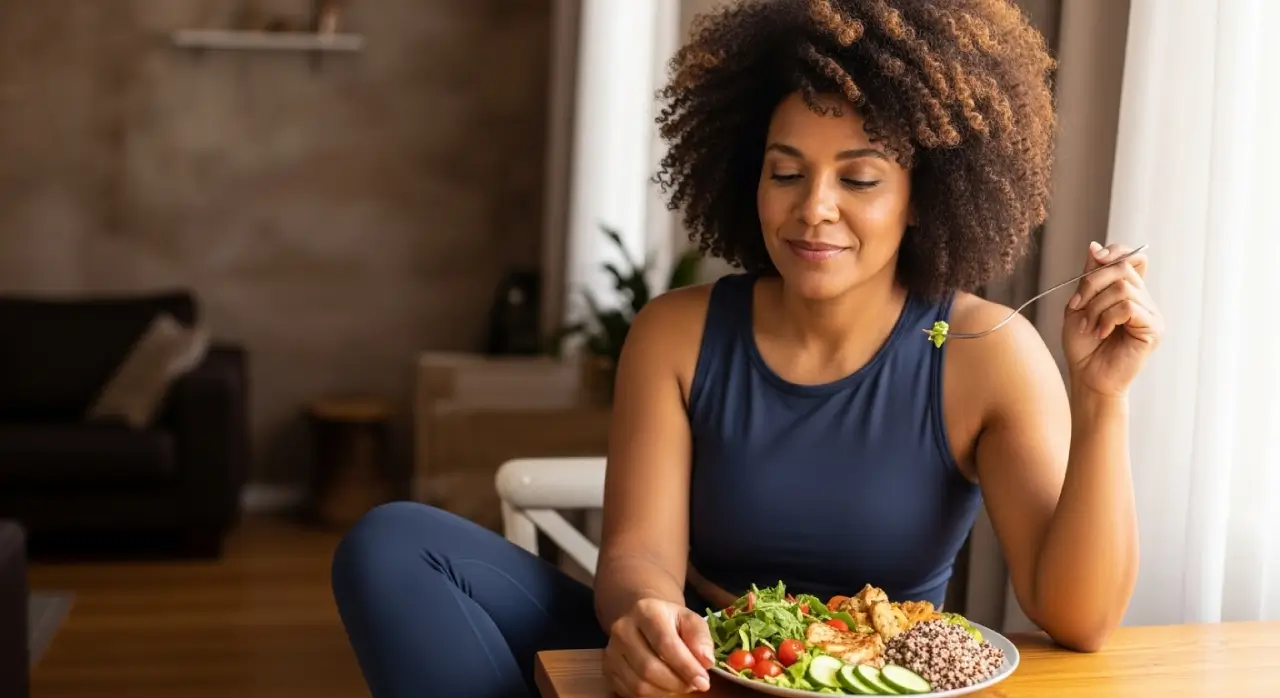 Pessoa de cabelos cacheados usando regata azul-marinho saboreando um prato colorido com vegetais, lentilhas e proteína, sentada à mesa em um ambiente acolhedor e bem iluminado.