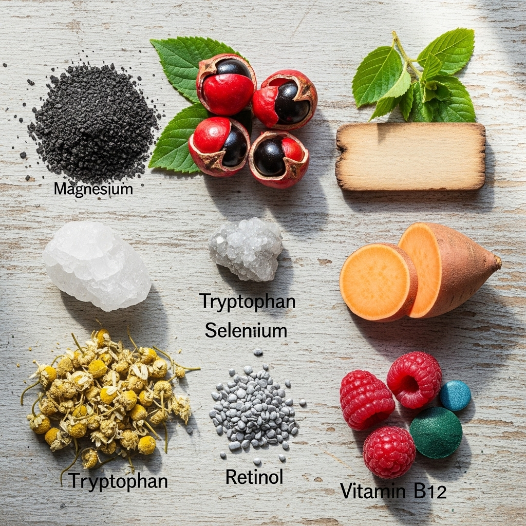 Fontes naturais de nutrientes usados em suplemento para libido feminino, como magnésio, triptofano e vitamina B12.