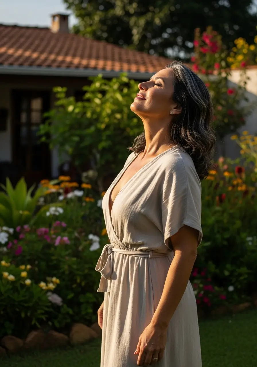 Mulher madura em momento de paz e bem-estar, representando os efeitos positivos do suplemento para libido feminino.