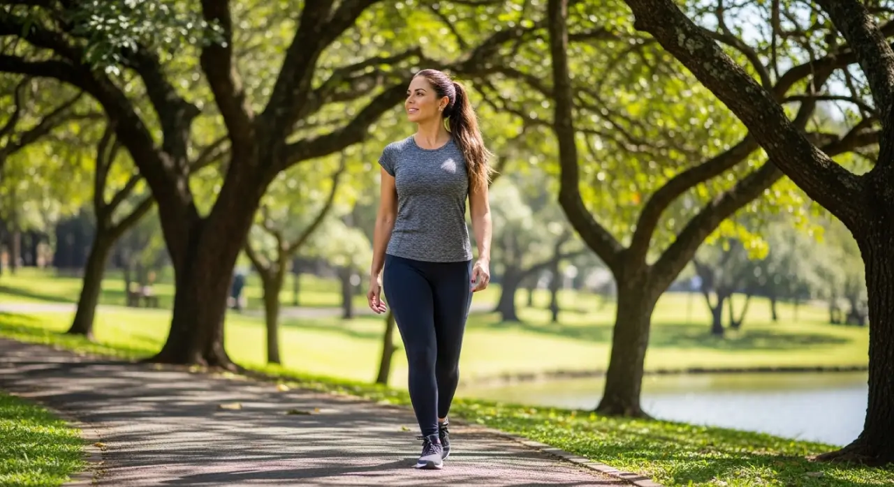Pessoa com roupa esportiva caminhando por um caminho pavimentado em um parque, cercada por árvores verdes e um lago, aproveitando o exercício ao ar livre.