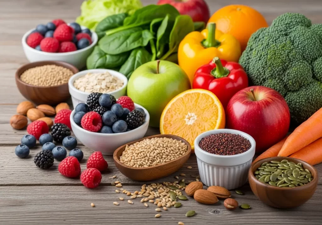 Fresh assortment of whole foods, including berries, apples, oranges, leafy greens, peppers, broccoli, carrots, nuts, seeds, and grains arranged on a wooden table.