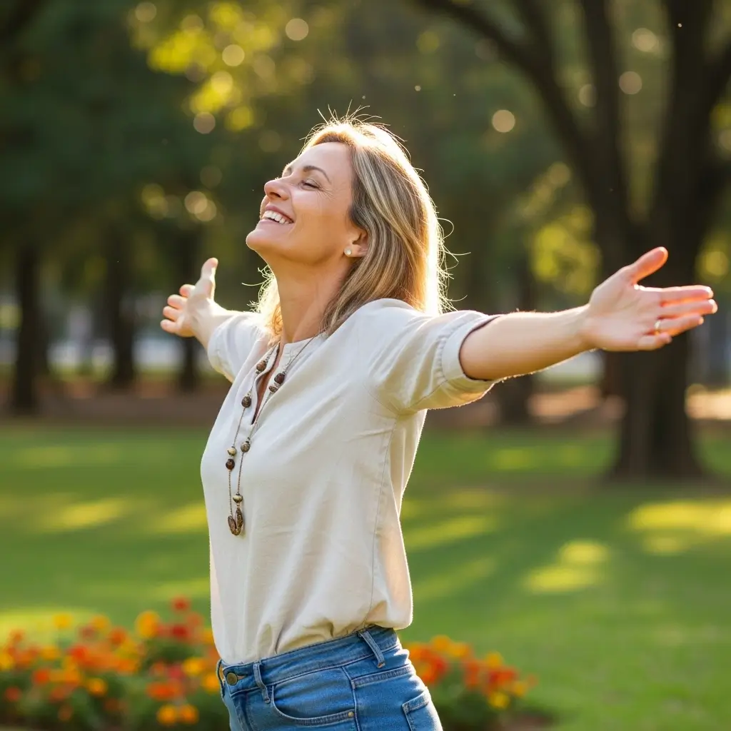 Mulher ao ar livre com braços abertos, representando liberdade e bem-estar após uso de suplemento para libido feminino.