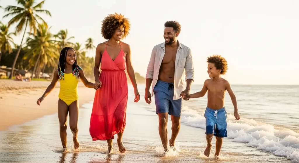 Family walking barefoot along the beach at sunset, enjoying nature and quality time together.