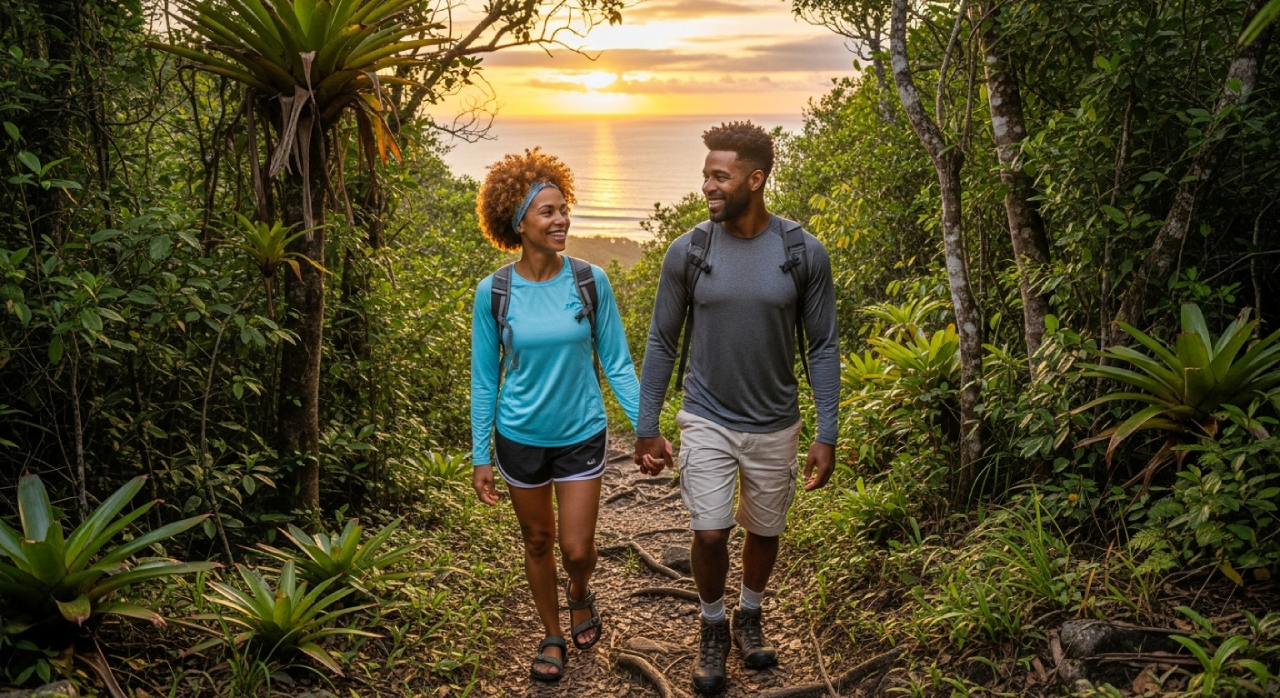 Couple hiking through a tropical forest trail at sunset, surrounded by lush greenery and ocean views.