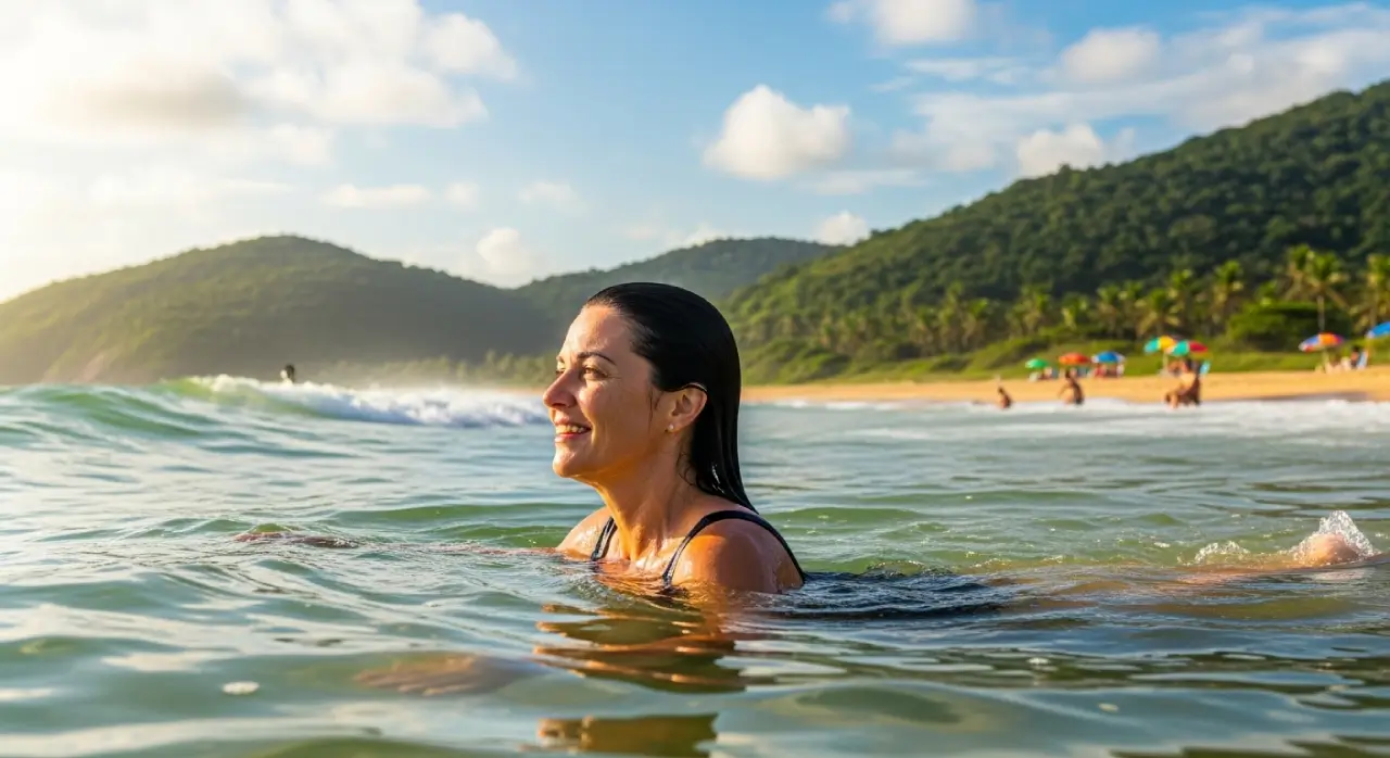 Person swimming in the ocean near a tropical beach, smiling and enjoying the water at sunset.