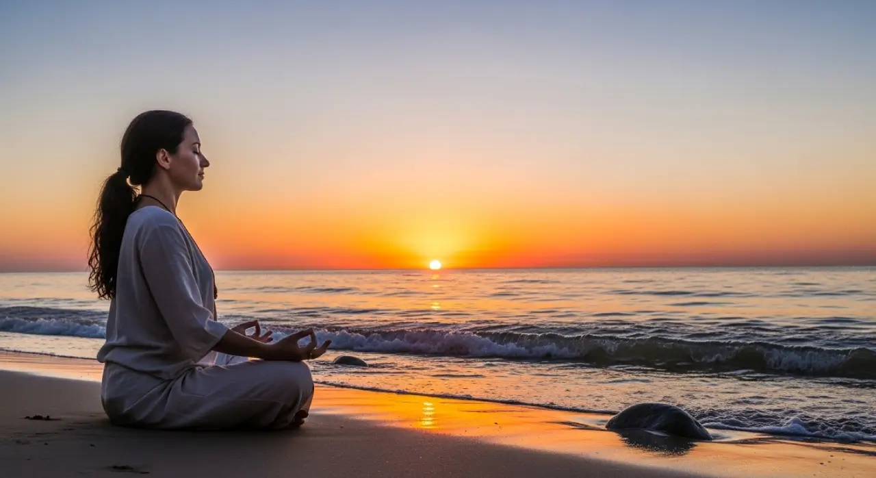 Person meditating on a sandy beach at sunset, practicing mindfulness with ocean waves in the background.