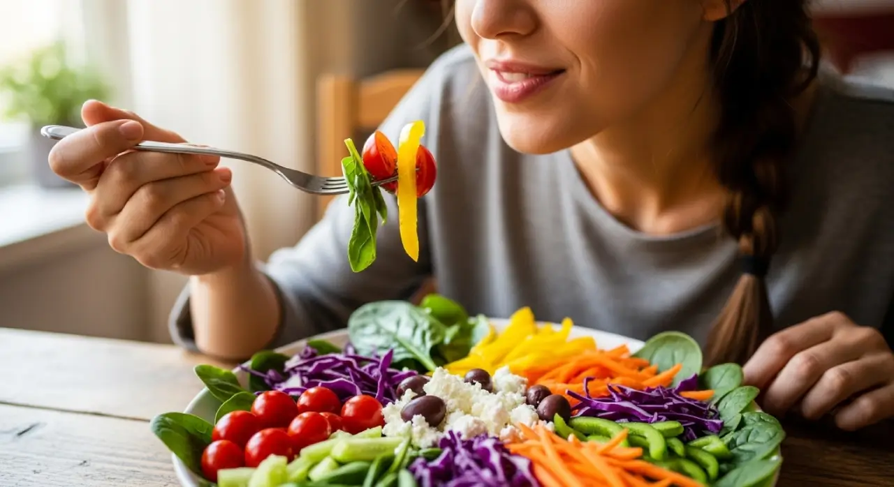 Person enjoying a colorful fresh salad with vegetables, cheese, and olives in a bright indoor setting.