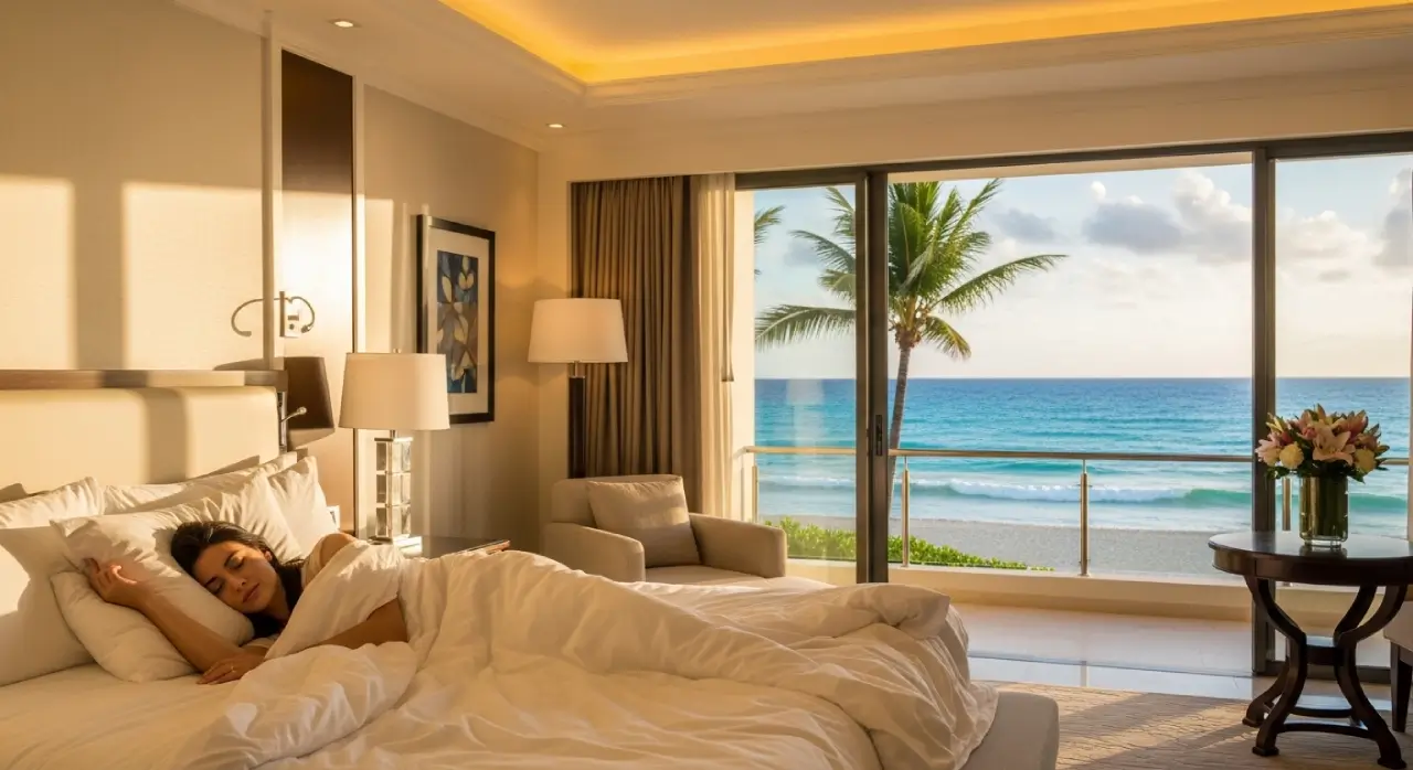 Person resting in a serene bedroom with ocean view, enjoying peaceful sleep and coastal tranquility.