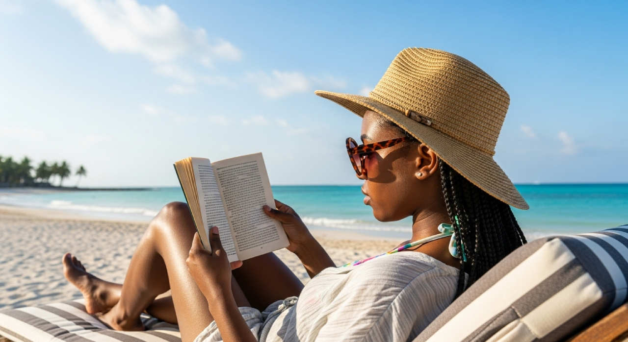 Person relaxing on a beach lounge chair, reading a book under the sun with ocean and palm trees in the background.