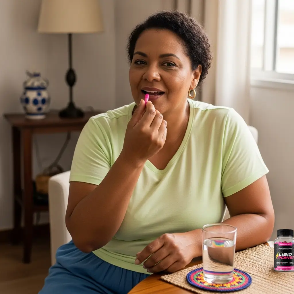 Mulher tomando cápsula de suplemento para libido feminino, com frasco de Libido Evolution sobre a mesa.