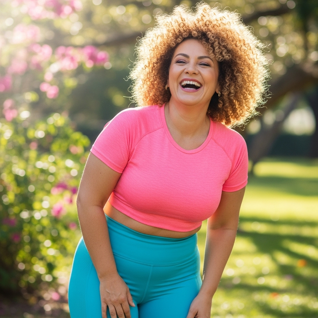 Mulher sorridente em ambiente natural, representando vitalidade e bem-estar após uso de suplemento para libido feminino.