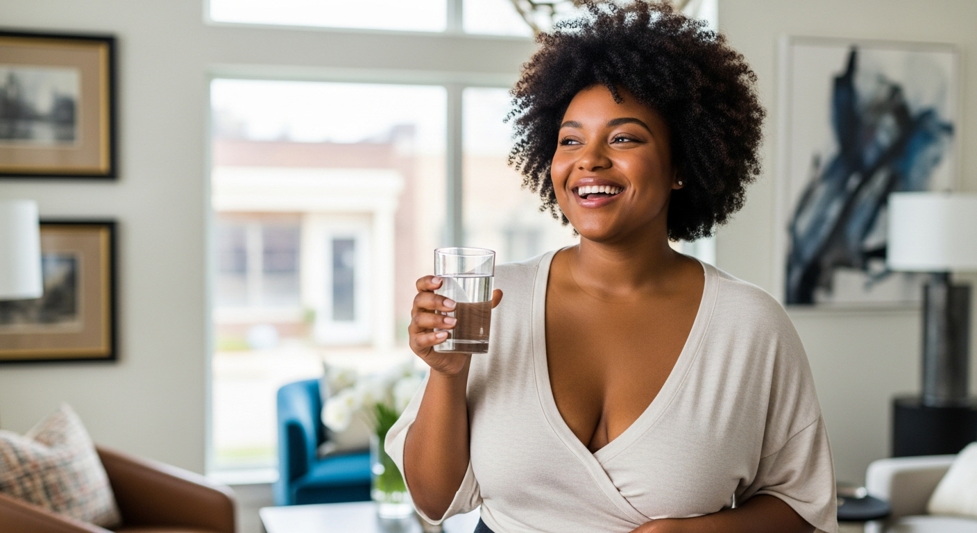 Smiling person standing in a sunlit modern living room, holding a glass of water and enjoying a peaceful moment.