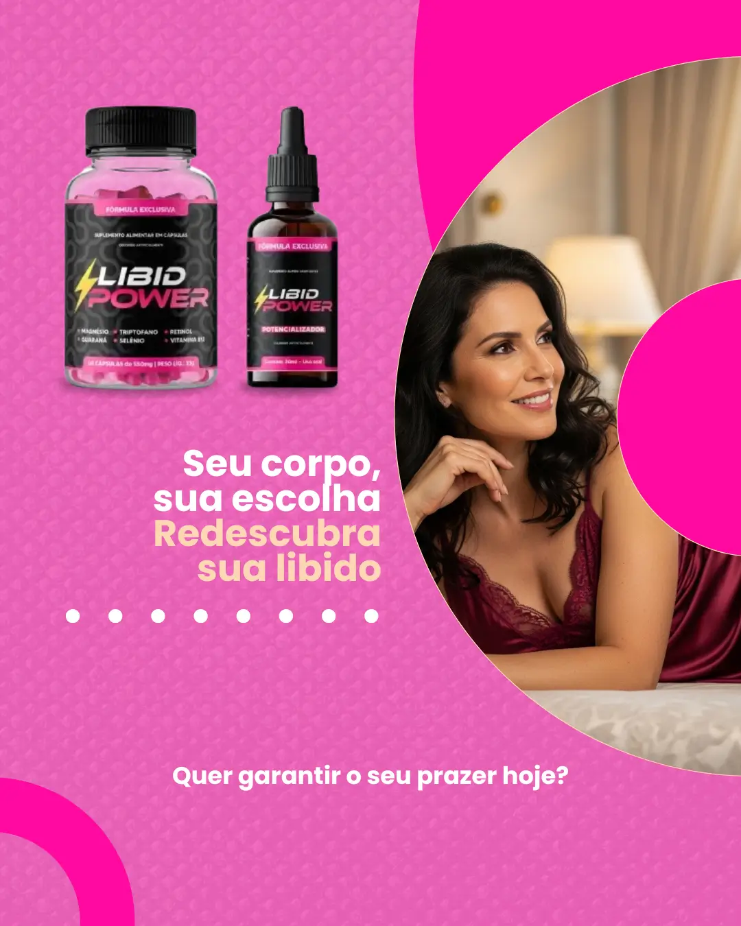 Imagem promocional do Libid Power para libido feminino, mostrando um frasco e um potencializador ao lado de uma mulher em lingerie vermelha, com a mensagem para redescobrir a libido.