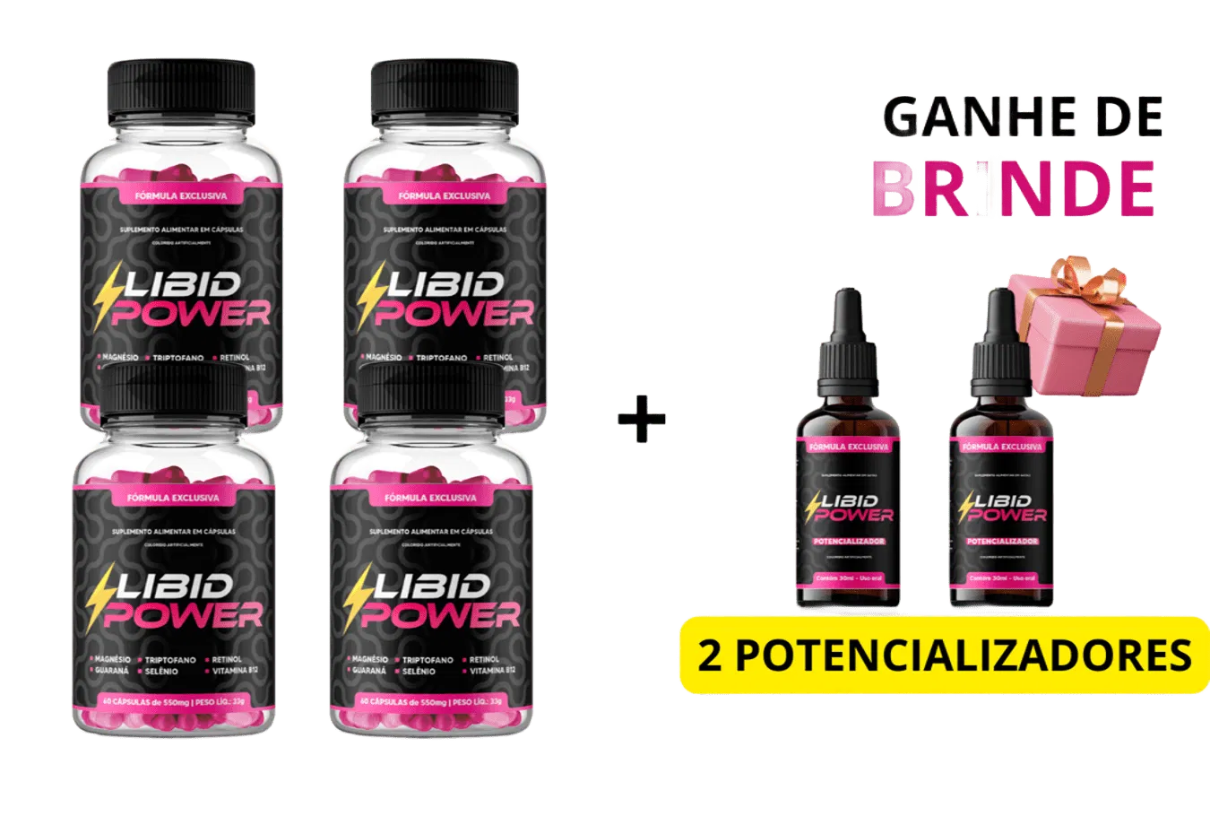 Imagem do pacote de 4 meses do suplemento Libid Power, indicado para libido feminino. Inclui quatro frascos de cápsulas e dois frascos de potencializadores como brinde, com destaque para a oferta especial e fórmula exclusiva.