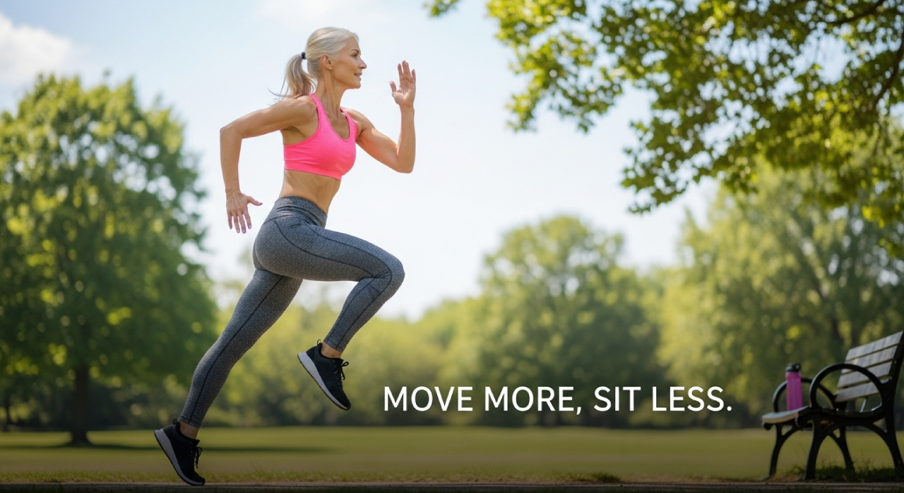 Active woman running outdoors in a sunny park, promoting the message ‘Move more, sit less.’
