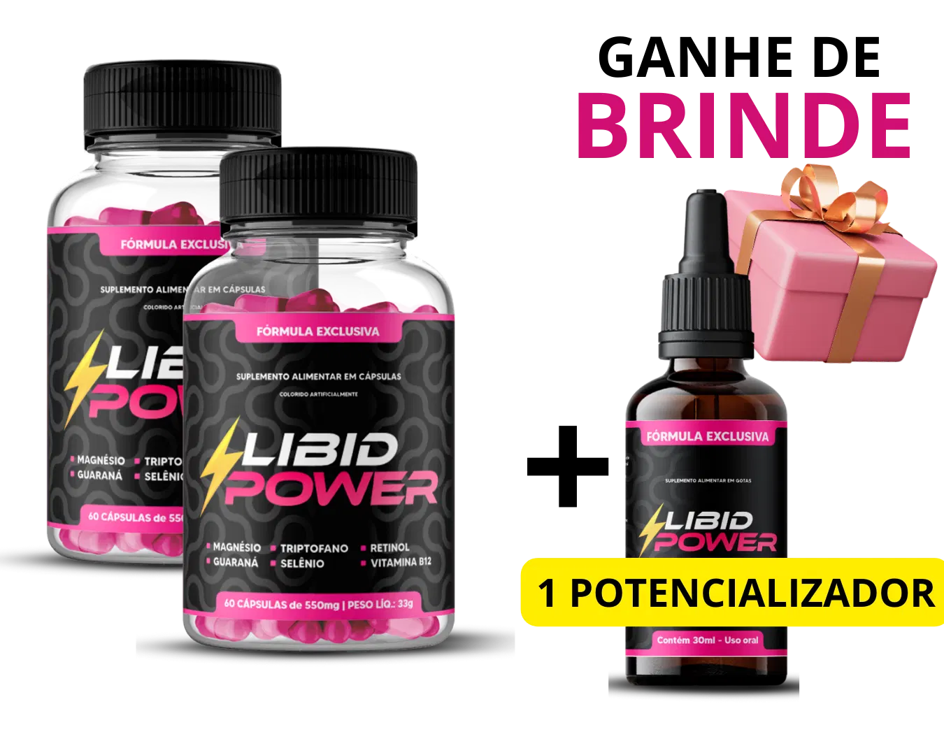 Imagem do pacote de 2 meses do suplemento Libid Power, voltado para libido feminino. Inclui dois frascos de cápsulas com fórmula exclusiva e um frasco de potencializador como brinde.