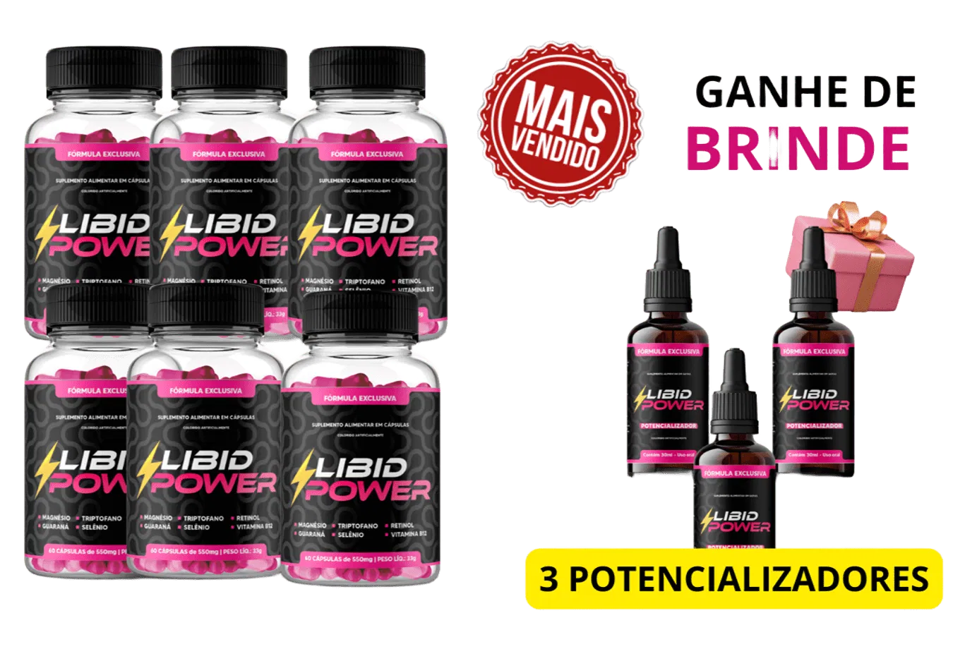 Imagem do pacote de 6 meses do suplemento Libid Power, indicado para libido feminino. Contém seis frascos de cápsulas e três frascos de potencializadores como brinde, com destaque para a fórmula exclusiva e o selo de produto mais vendido.