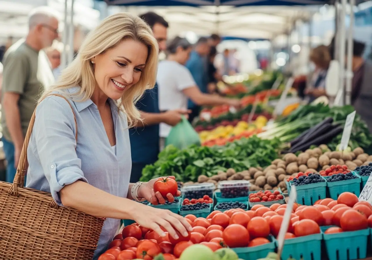 Woman shopping for fresh tomatoes at an outdoor farmers market, surrounded by colorful fruits and vegetables.